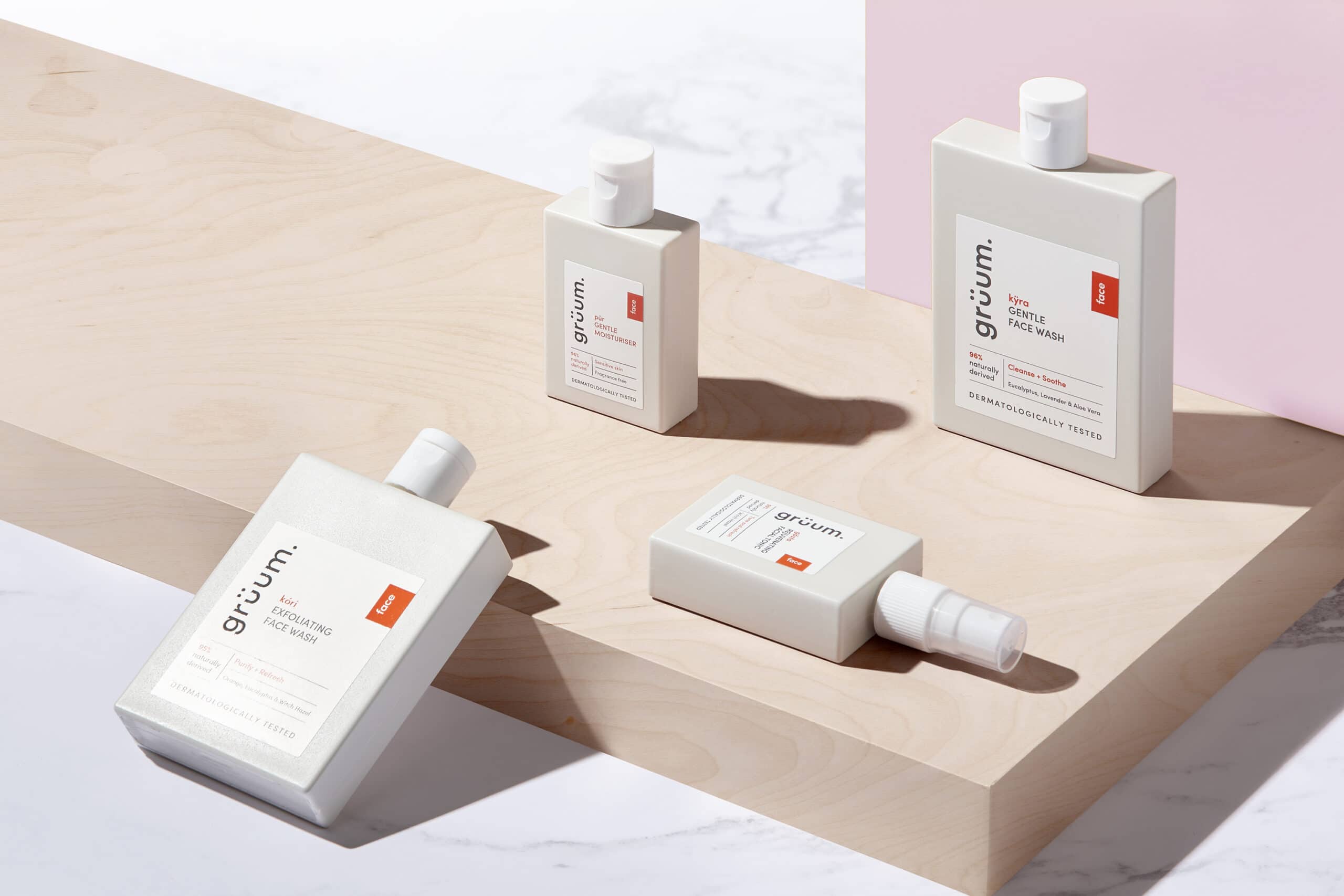 Gruum skincare squad gift set product image with kyra face wash, kori exfoliator face wash, pur gentle moisturiser and gosta facial tonic