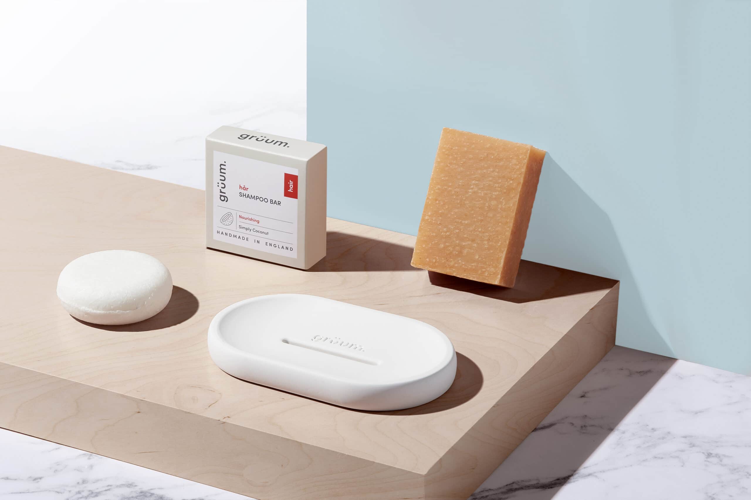 Gruum shampoo & body gift set product image with shampoo bar, body bar and halla soap dish